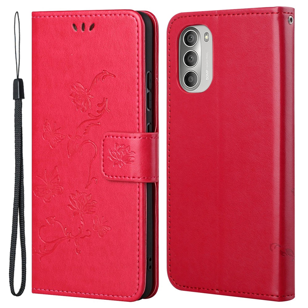 Imprinted Butterflies Flower Anti-fall PU Leather Wallet Function Phone Case Stand Shell for Motorola Moto G51 5G - Red-1