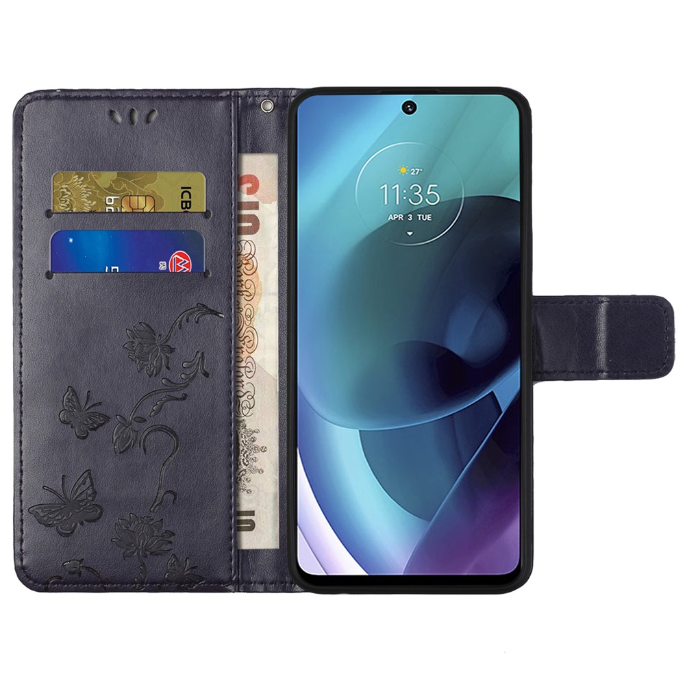 Imprinted Butterflies Flower Anti-fall PU Leather Wallet Function Phone Case Stand Shell for Motorola Moto G51 5G - Dark Purple-5
