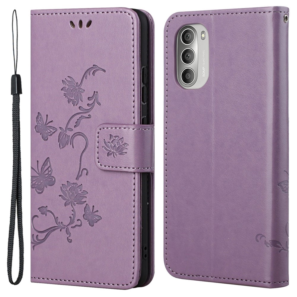 Imprinted Butterflies Flower Anti-fall PU Leather Wallet Function Phone Case Stand Shell for Motorola Moto G51 5G - Purple-1