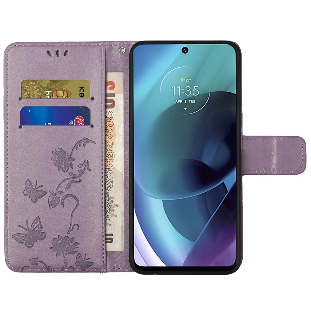 Imprinted Butterflies Flower Anti-fall PU Leather Wallet Function Phone Case Stand Shell for Motorola Moto G51 5G - Purple-5