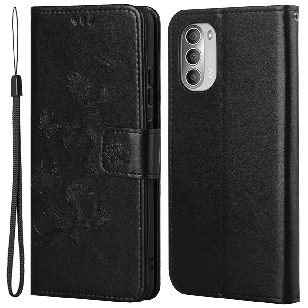 Imprinted Butterflies Flower Anti-fall PU Leather Wallet Function Phone Case Stand Shell for Motorola Moto G51 5G - Black-1