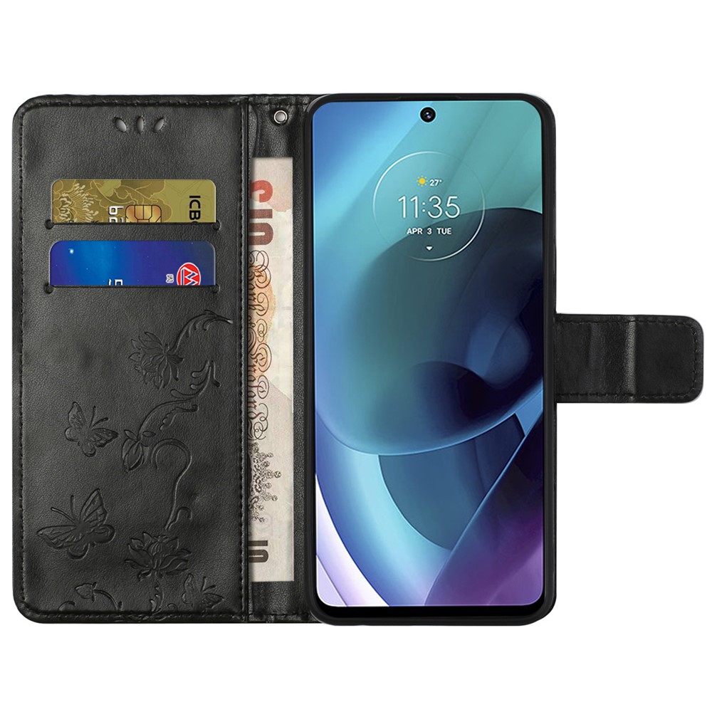 Imprinted Butterflies Flower Anti-fall PU Leather Wallet Function Phone Case Stand Shell for Motorola Moto G51 5G - Black-5