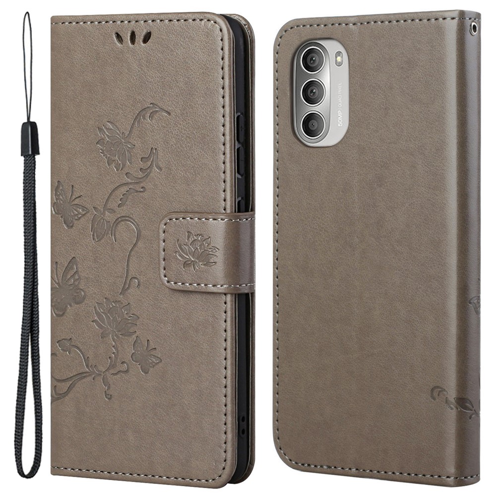 Imprinted Butterflies Flower Anti-fall PU Leather Wallet Function Phone Case Stand Shell for Motorola Moto G51 5G - Grey-1