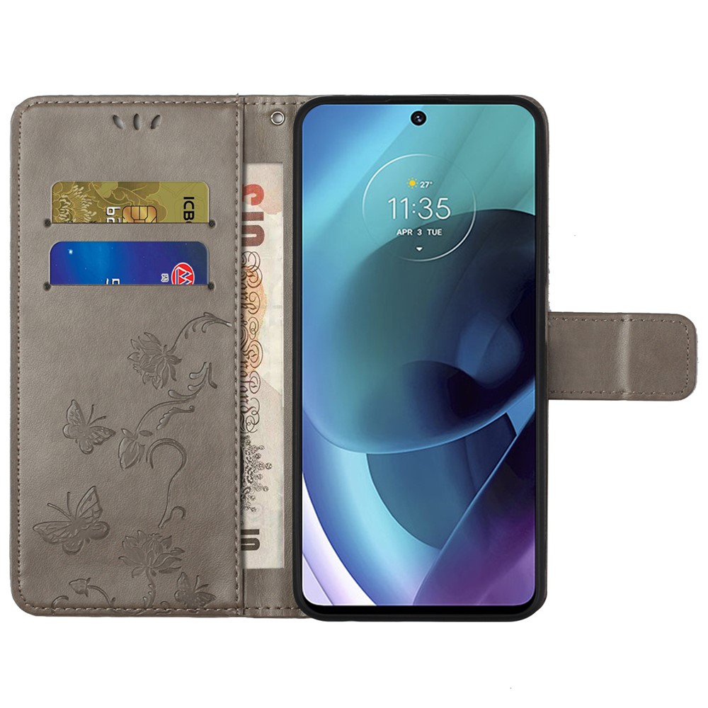 Imprinted Butterflies Flower Anti-fall PU Leather Wallet Function Phone Case Stand Shell for Motorola Moto G51 5G - Grey-5