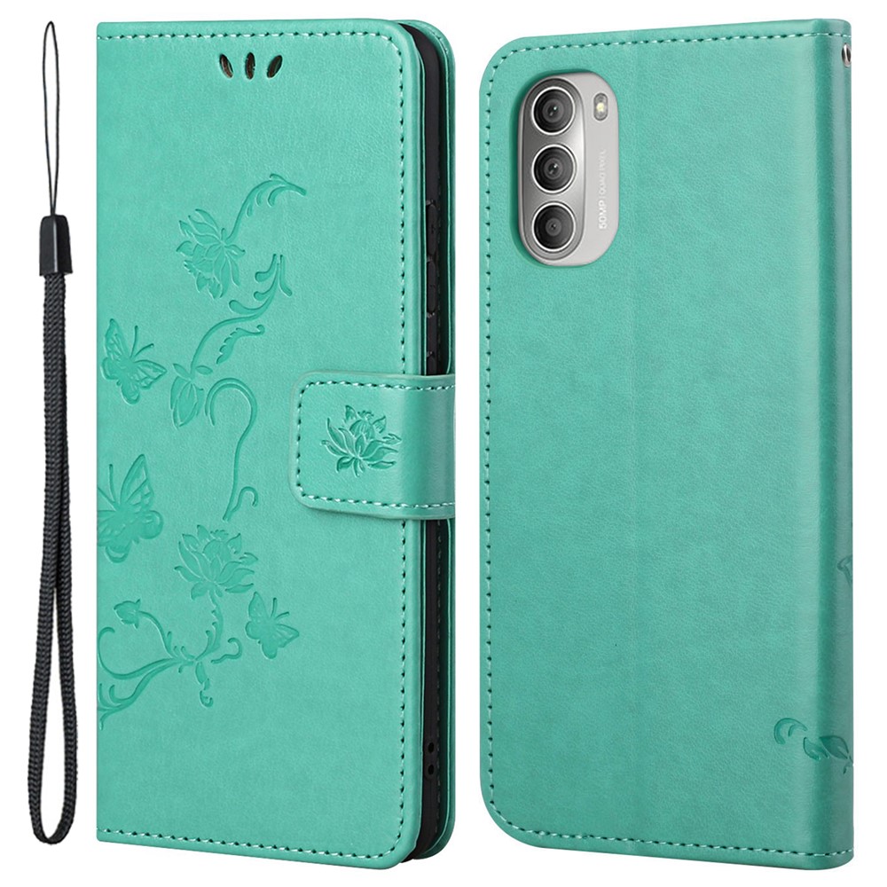 Imprinted Butterflies Flower Anti-fall PU Leather Wallet Function Phone Case Stand Shell for Motorola Moto G51 5G - Green-1