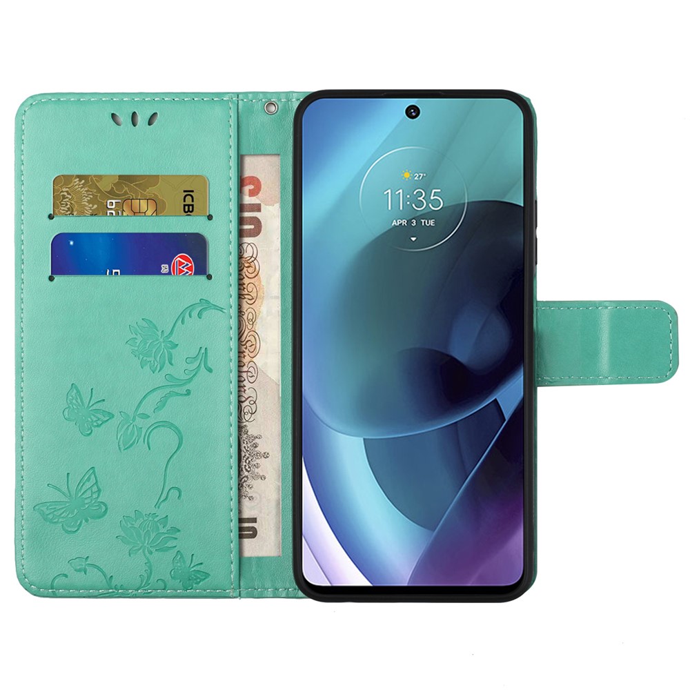 Imprinted Butterflies Flower Anti-fall PU Leather Wallet Function Phone Case Stand Shell for Motorola Moto G51 5G - Green-5