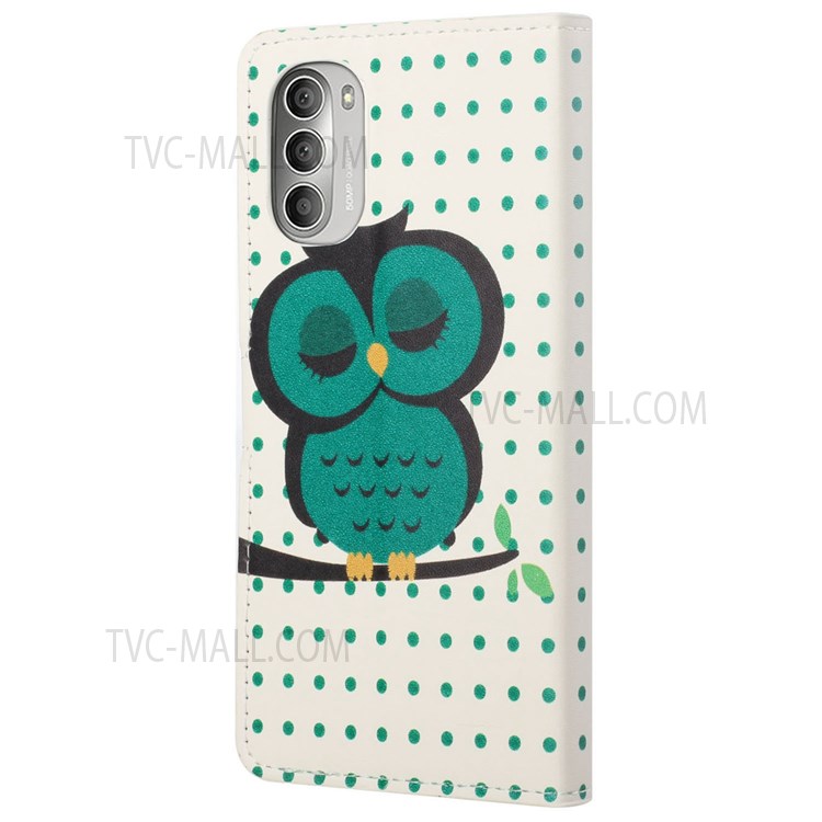 Pattern Printing TPU + PU Leather Phone Case Stand Magnetic Closure Flip Protector with Card Slots Cash Pocket for Motorola Moto G51 5G - Green Owl-3