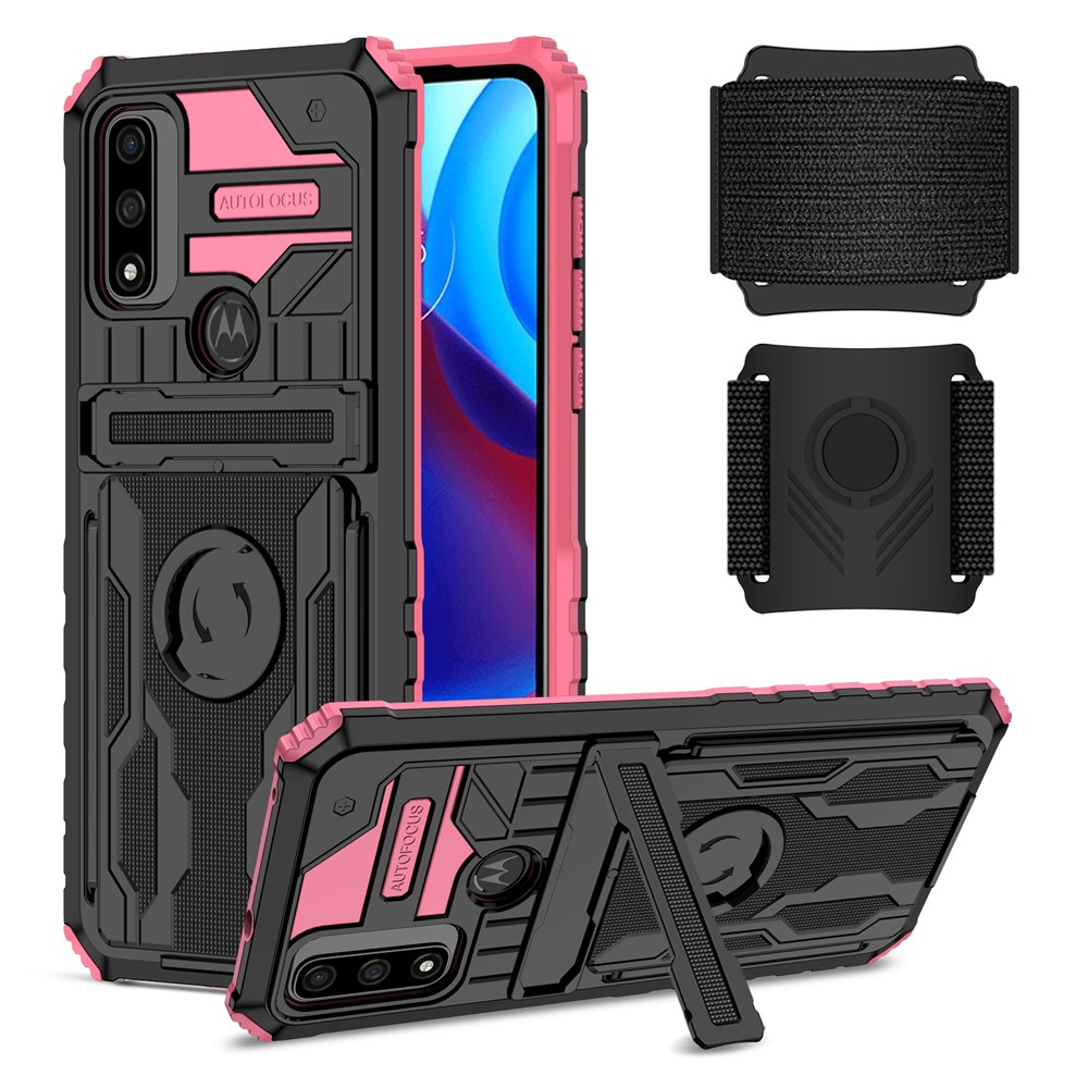 Adjustable Wristband Design Portable Hard PC + Soft TPU Anti-scratch Phone Case with Kickstand for Motorola G Pure - Pink-1