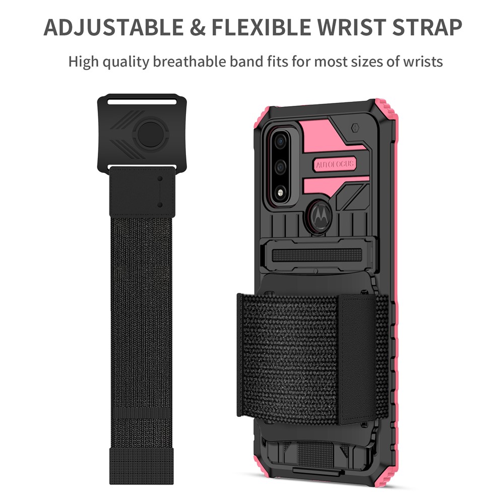 Adjustable Wristband Design Portable Hard PC + Soft TPU Anti-scratch Phone Case with Kickstand for Motorola G Pure - Pink-3