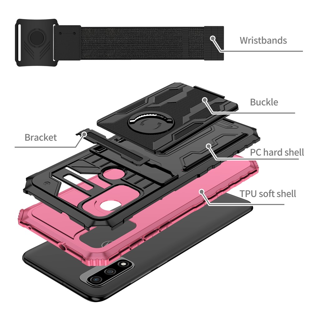 Adjustable Wristband Design Portable Hard PC + Soft TPU Anti-scratch Phone Case with Kickstand for Motorola G Pure - Pink-4