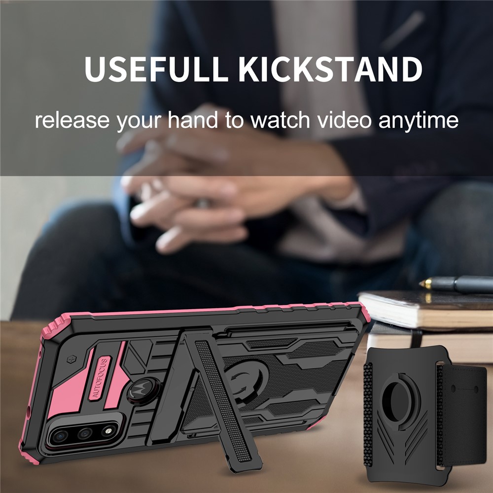 Adjustable Wristband Design Portable Hard PC + Soft TPU Anti-scratch Phone Case with Kickstand for Motorola G Pure - Pink-5
