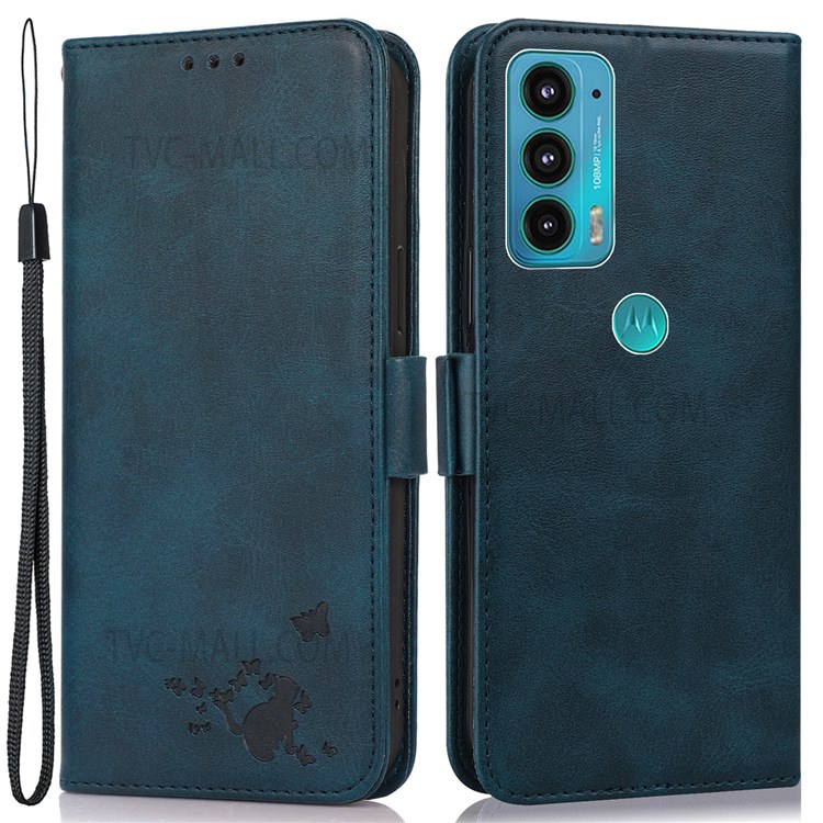 Cat Butterfly Imprinting Skin Feel PU Leather Wallet Stand Phone Case Shell with Strap for Motorola Moto E20/E30/E40 - Blue-1