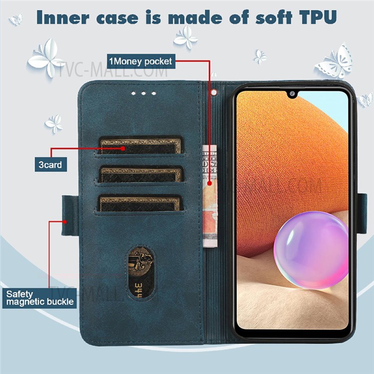 Cat Butterfly Imprinting Skin Feel PU Leather Wallet Stand Phone Case Shell with Strap for Motorola Moto E20/E30/E40 - Blue-5