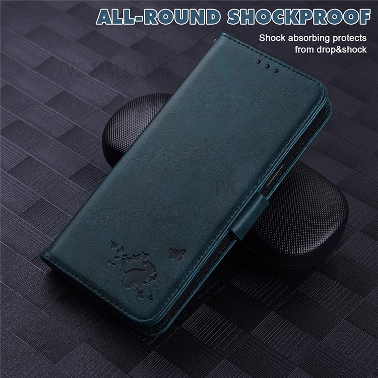 Cat Butterfly Imprinting Skin Feel PU Leather Wallet Stand Phone Case Shell with Strap for Motorola Moto E20/E30/E40 - Blue-6