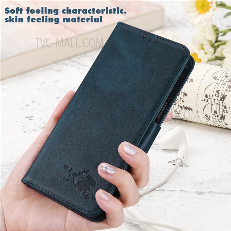 Cat Butterfly Imprinting Skin Feel PU Leather Wallet Stand Phone Case Shell with Strap for Motorola Moto E20/E30/E40 - Blue-7