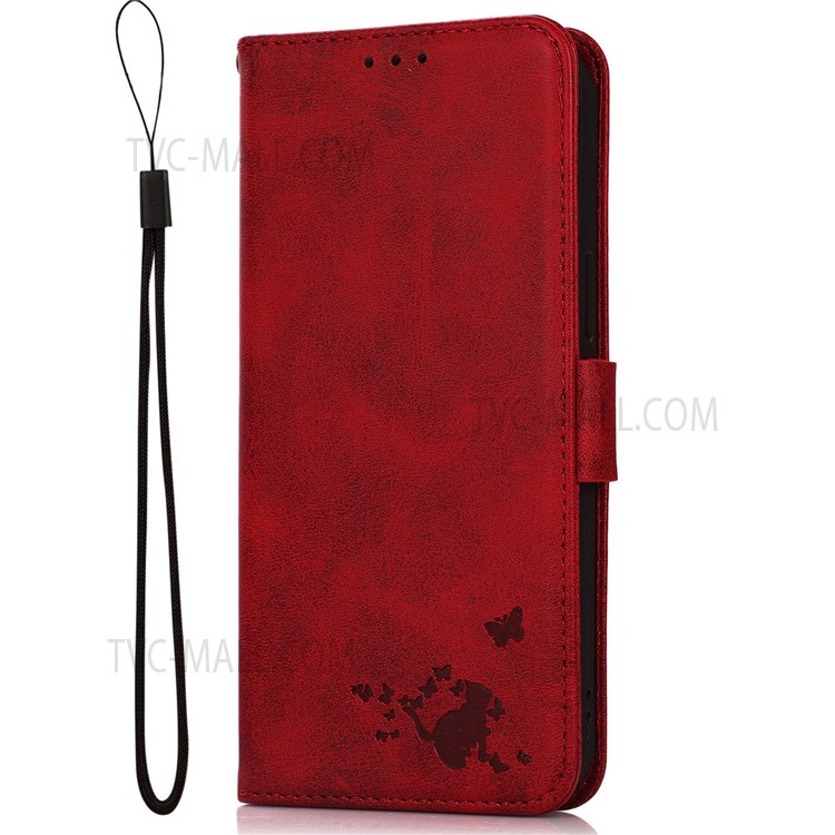 Cat Butterfly Imprinting Skin Feel PU Leather Wallet Stand Phone Case Shell with Strap for Motorola Moto E20/E30/E40 - Red-2