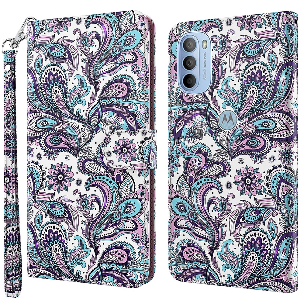 3D Pattern Printing PU Leather Phone Case Wallet Stand Feature Flip Folio Cover with Strap for Motorola Moto G31/G41 - Purple Impatiens-1