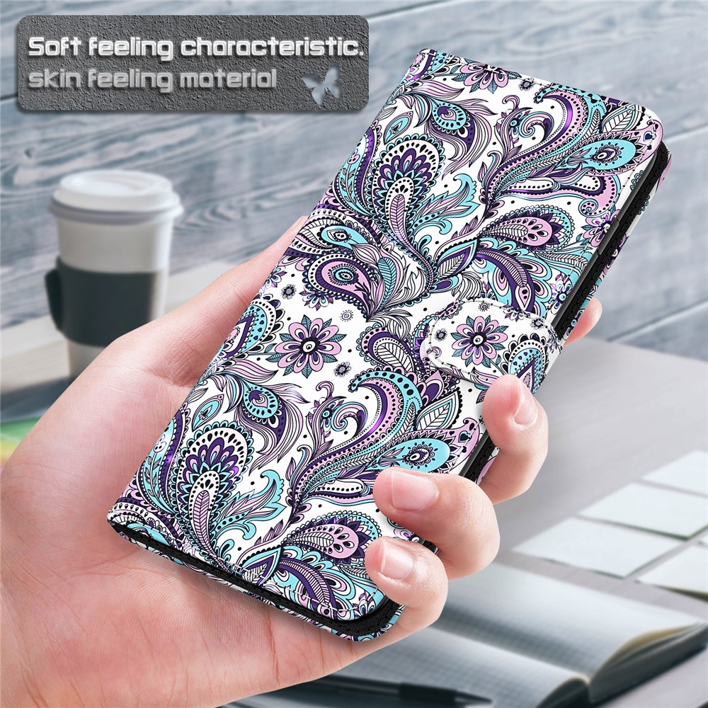 3D Pattern Printing PU Leather Phone Case Wallet Stand Feature Flip Folio Cover with Strap for Motorola Moto G31/G41 - Purple Impatiens-8