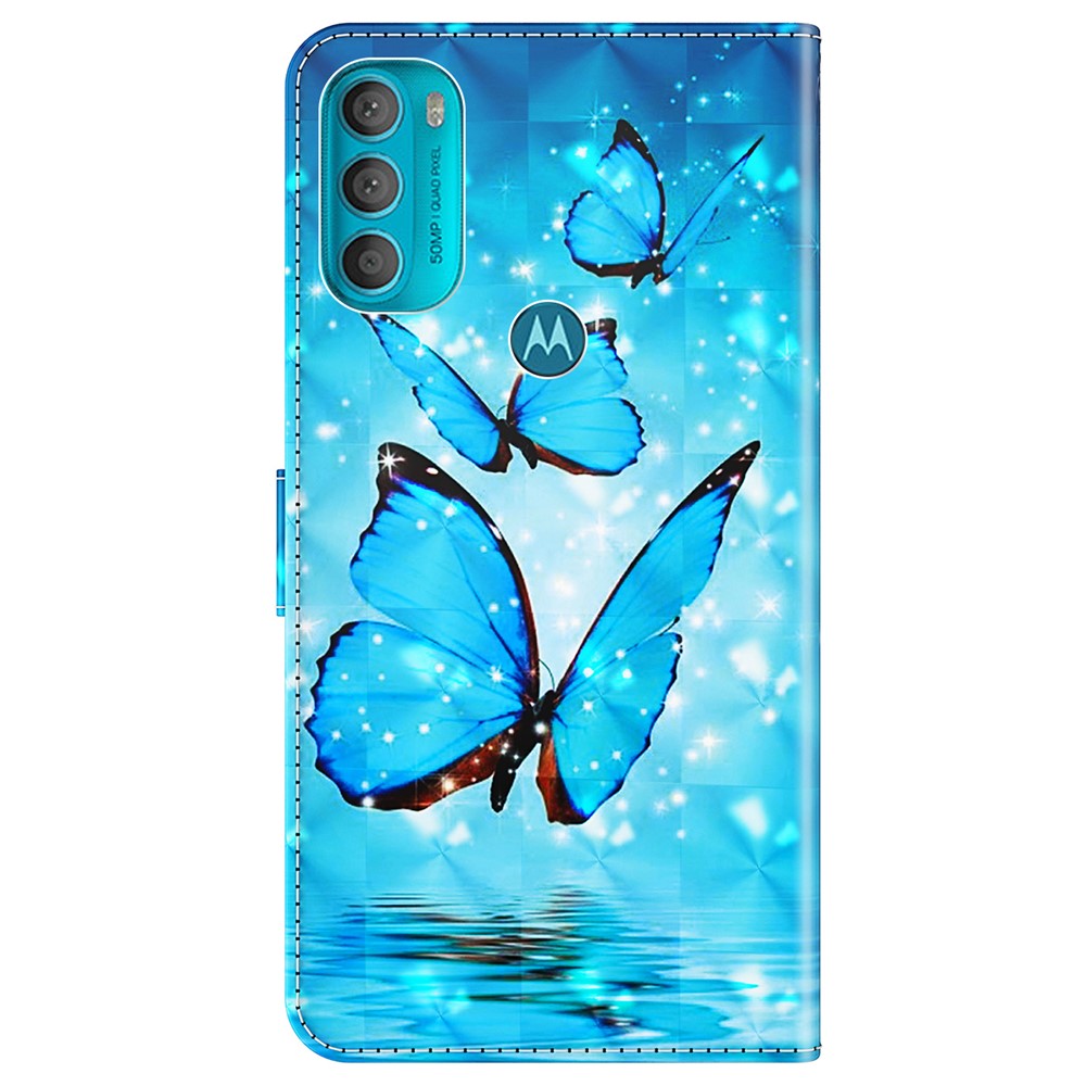 Stand PU Leather Phone Protector 3D Pattern Printing Phone Case with Wallet Strap for Motorola Moto G71 5G - Blue Butterflies-3