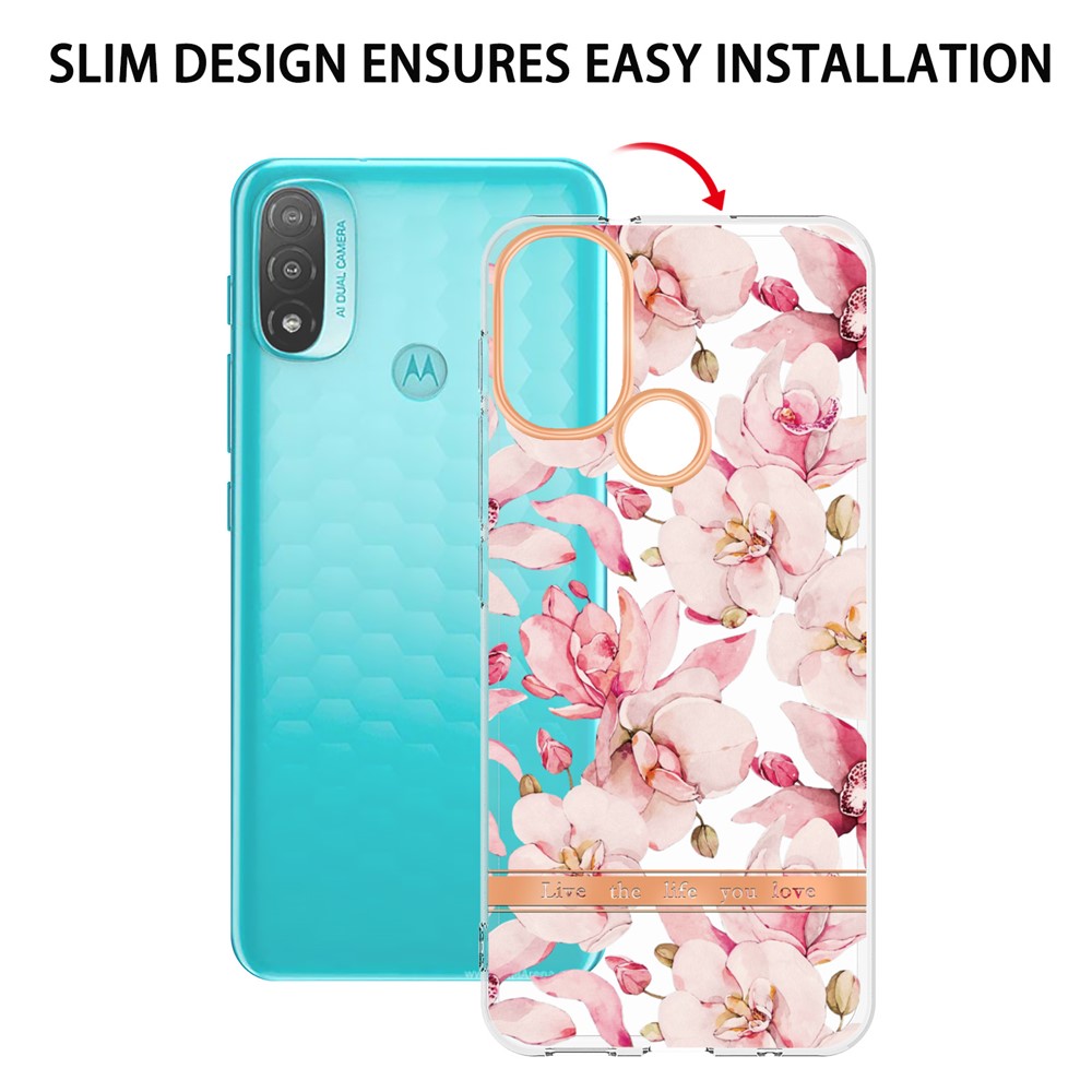 IML IMD Workmanship Flower Letter Design Electroplating TPU Phone Case Protective Cover for Motorola Moto E20/E30/E40 - HC005 Pink Gardenia-5