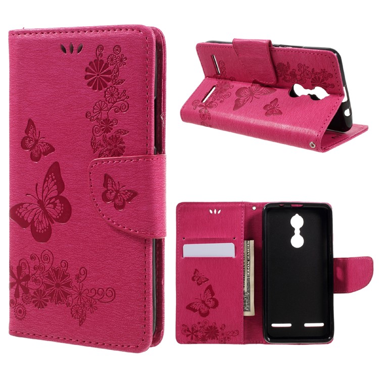 Imprint Butterfly Flower Wallet Stand Leather Cover for Lenovo K6 - Rose-1