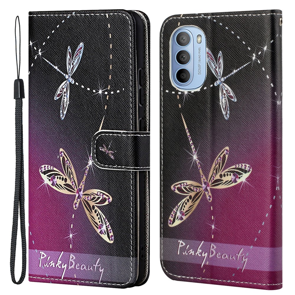 Folding PU Leather Phone Case Cross Texture Magnetic Closed Phone Protector with Stand Wallet for Motorola Moto G31/G41 - Two Dragonflies-1