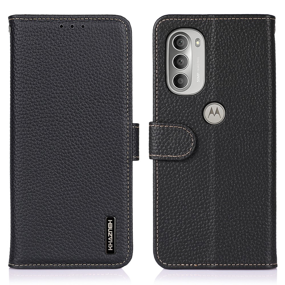 KHAZNEH Litchi Texture Phone Case Top Layer Genuine Leather Phone Cover TPU Inner Wallet Stand Protector for Motorola Moto G51 5G - Black-1