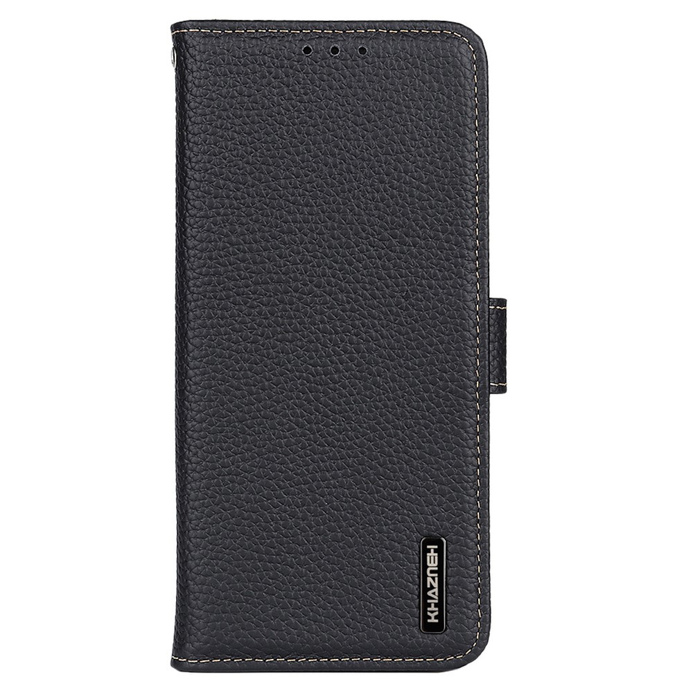 KHAZNEH Litchi Texture Phone Case Top Layer Genuine Leather Phone Cover TPU Inner Wallet Stand Protector for Motorola Moto G51 5G - Black-2