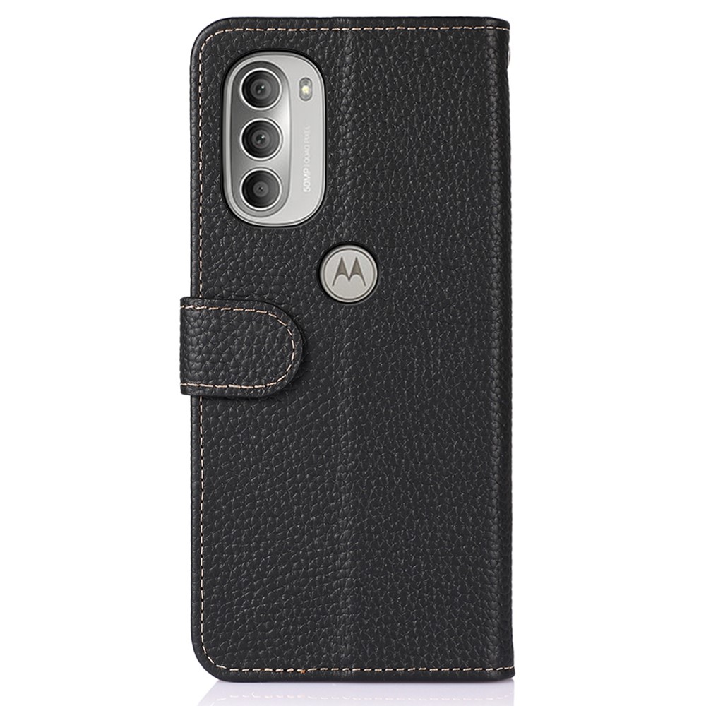 KHAZNEH Litchi Texture Phone Case Top Layer Genuine Leather Phone Cover TPU Inner Wallet Stand Protector for Motorola Moto G51 5G - Black-3
