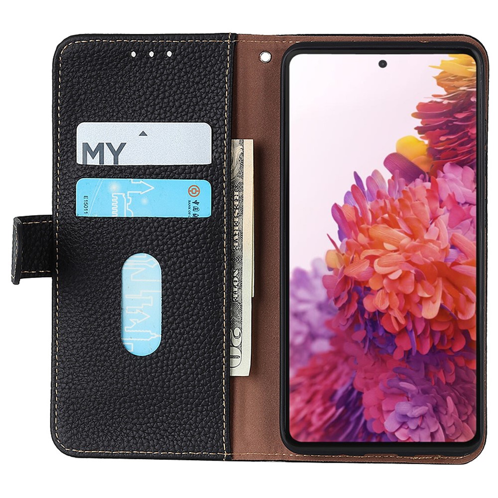 KHAZNEH Litchi Texture Phone Case Top Layer Genuine Leather Phone Cover TPU Inner Wallet Stand Protector for Motorola Moto G51 5G - Black-5