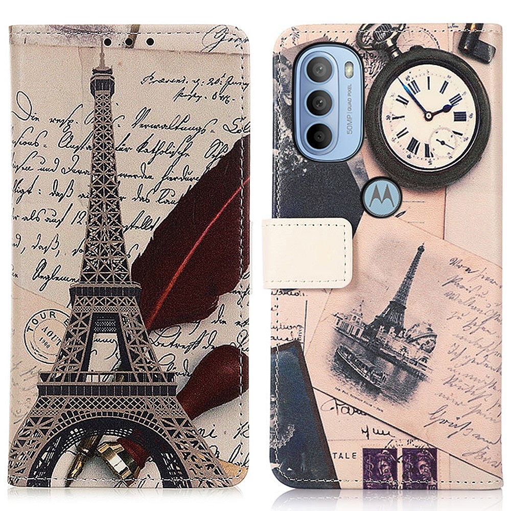 Pattern Printing PU Leather Wallet Phone Case Stand Shockproof Inner TPU Flip Magnetic Cover for Motorola Moto G31/G41 - Eiffel Tower and Feather-1