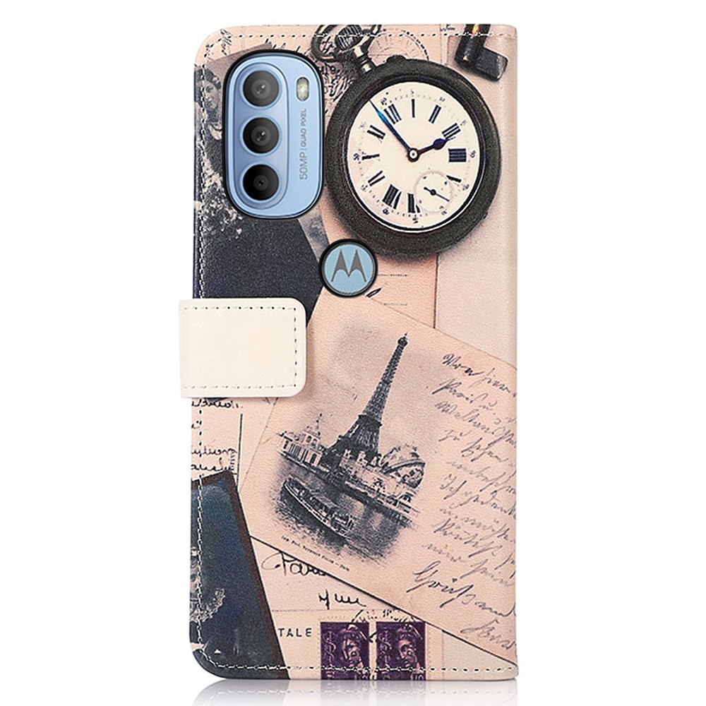 Pattern Printing PU Leather Wallet Phone Case Stand Shockproof Inner TPU Flip Magnetic Cover for Motorola Moto G31/G41 - Eiffel Tower and Feather-3