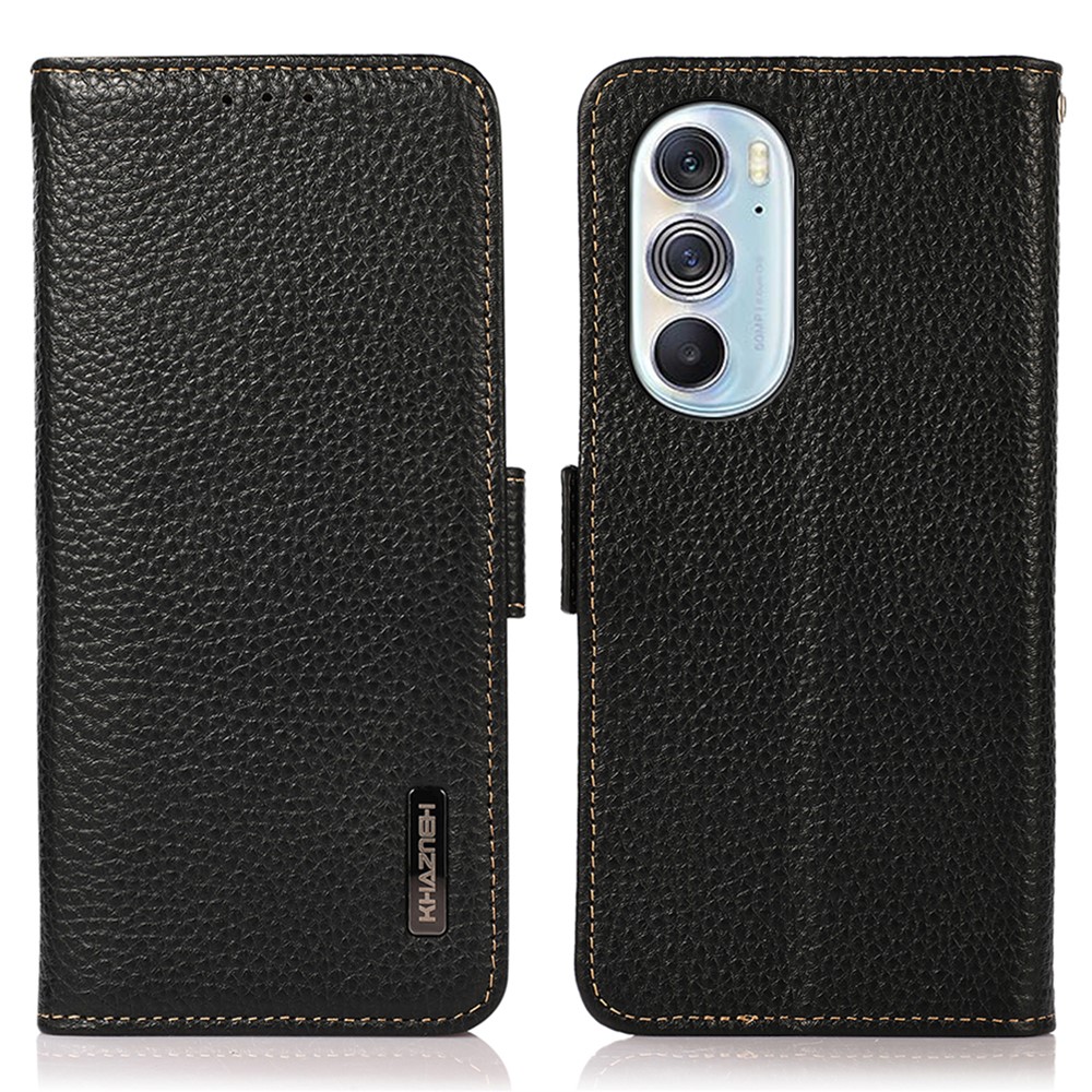 KHAZNEH Protective TPU Inner Shell Phone Case Litchi Texture Genuine Leather RFID Blocking Phone Cover with Wallet Stand for Motorola Edge X30 - Black-1