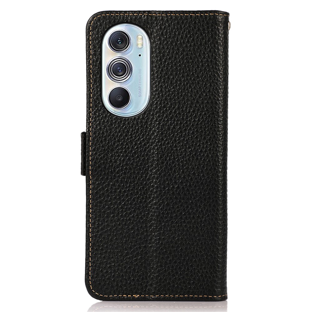 KHAZNEH Protective TPU Inner Shell Phone Case Litchi Texture Genuine Leather RFID Blocking Phone Cover with Wallet Stand for Motorola Edge X30 - Black-3