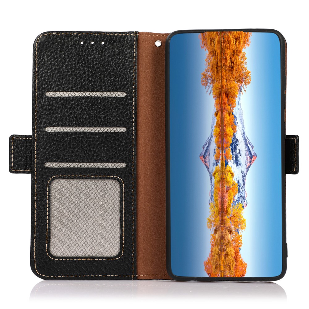 KHAZNEH Protective TPU Inner Shell Phone Case Litchi Texture Genuine Leather RFID Blocking Phone Cover with Wallet Stand for Motorola Edge X30 - Black-5