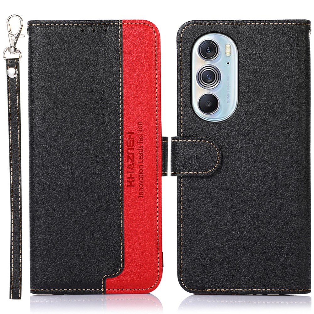KHAZNEH PU Leather Phone Case RFID Blocking Litchi Texture Wallet Phone Stand Cover with Carrying Strap for Motorola Edge X30 - Black-1