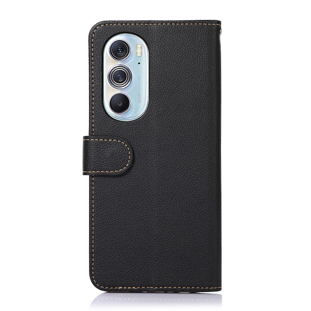 KHAZNEH PU Leather Phone Case RFID Blocking Litchi Texture Wallet Phone Stand Cover with Carrying Strap for Motorola Edge X30 - Black-3