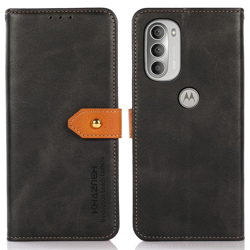 KHAZNEH PU Leather Golden Magnetic Clasp Phone Cover Wallet Stand Inner TPU Case Shell for Motorola Moto G51 5G - Black-1