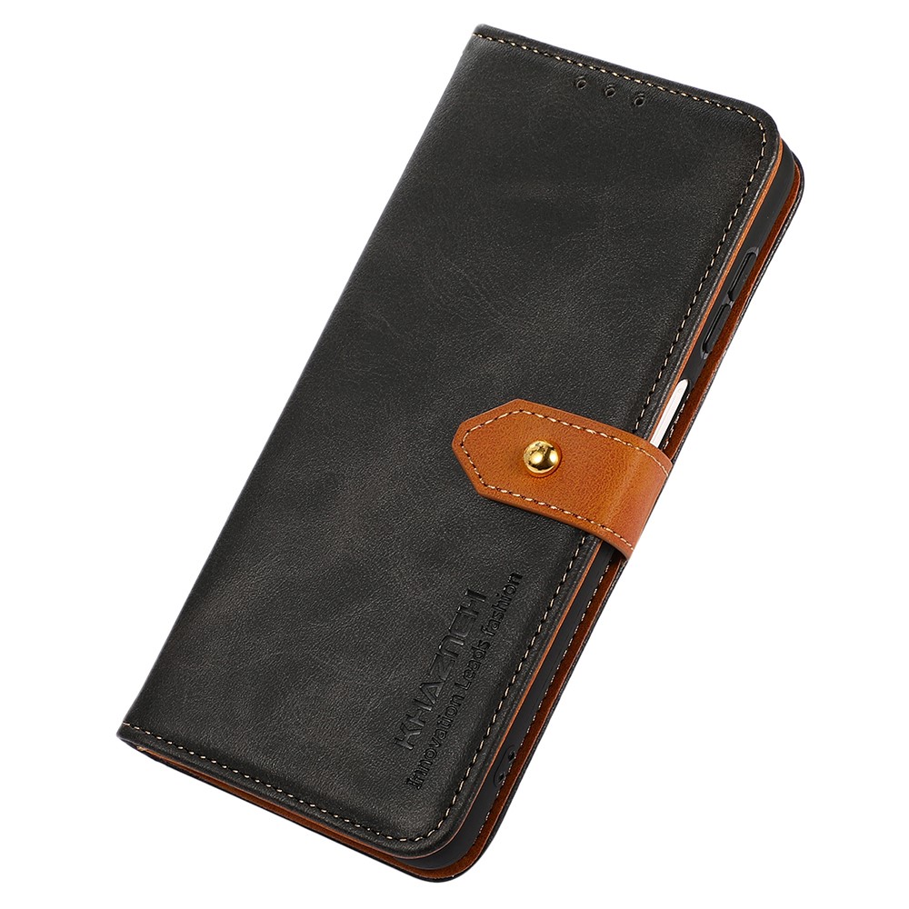 KHAZNEH PU Leather Golden Magnetic Clasp Phone Cover Wallet Stand Inner TPU Case Shell for Motorola Moto G51 5G - Black-7