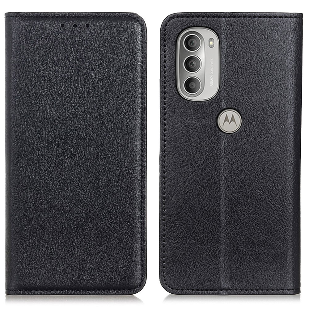 Auto Closing Magnetic Shockproof Phone Case Litchi Texture Split Leather + TPU Cover with Foldable Stand for Motorola Moto G51 5G - Black-1