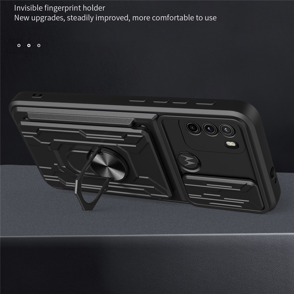 Anti-fall Anti-scratch Kickstand Design Camera Cover Slide Hard PC Soft TPU Case with Card Holder Slot for Motorola Moto G60 - Black-2