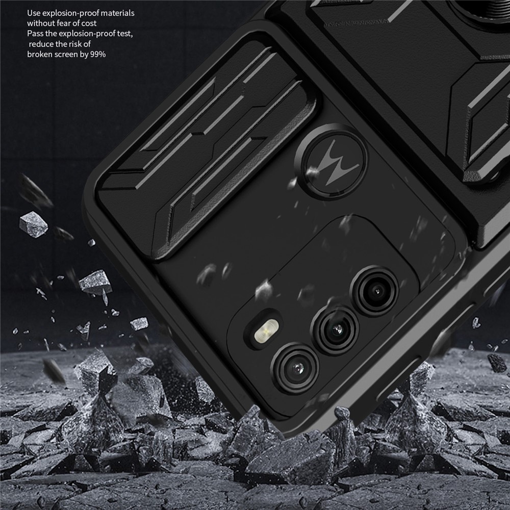Anti-fall Anti-scratch Kickstand Design Camera Cover Slide Hard PC Soft TPU Case with Card Holder Slot for Motorola Moto G60 - Black-4