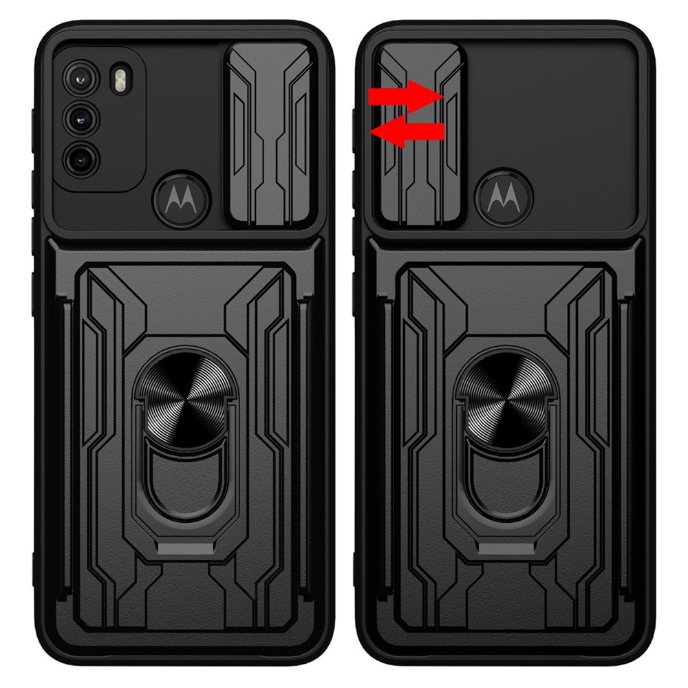 Anti-fall Anti-scratch Kickstand Design Camera Cover Slide Hard PC Soft TPU Case with Card Holder Slot for Motorola Moto G60 - Black-8
