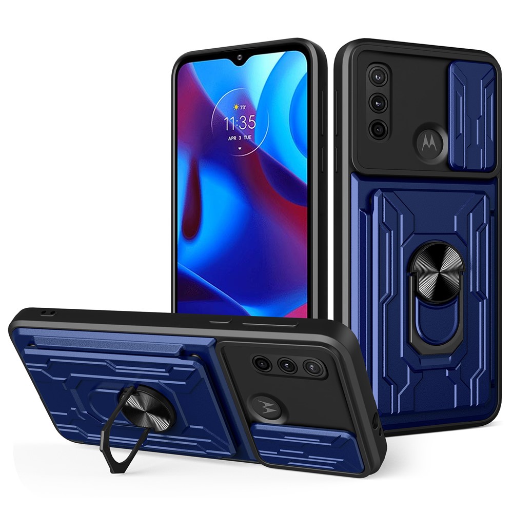 Shockproof Drop-proof Kickstand Design Camera Cover Slide Hard PC + Soft TPU Case with Card Holder Slot for Motorola G Pure - Sapphire-1