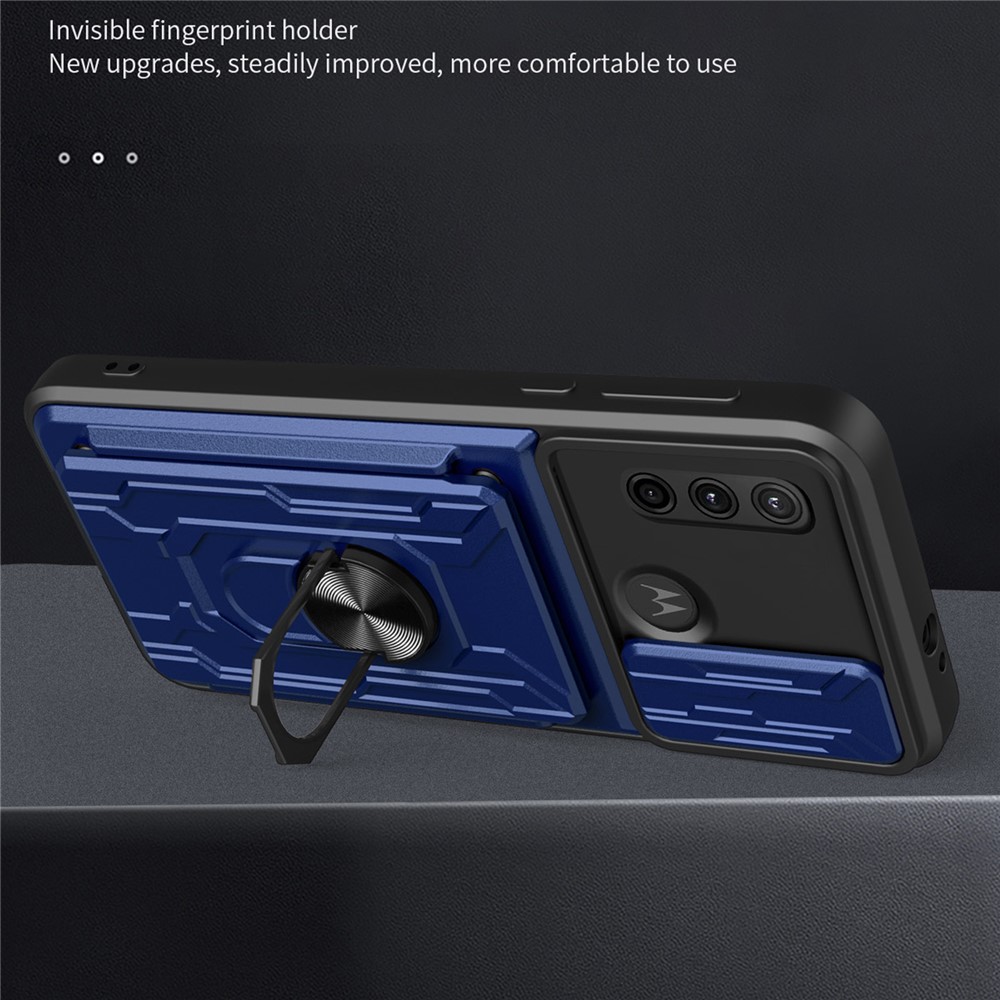 Shockproof Drop-proof Kickstand Design Camera Cover Slide Hard PC + Soft TPU Case with Card Holder Slot for Motorola G Pure - Sapphire-2
