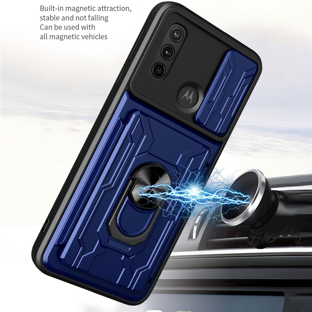 Shockproof Drop-proof Kickstand Design Camera Cover Slide Hard PC + Soft TPU Case with Card Holder Slot for Motorola G Pure - Sapphire-4