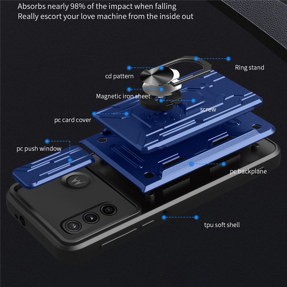 Shockproof Drop-proof Kickstand Design Camera Cover Slide Hard PC + Soft TPU Case with Card Holder Slot for Motorola G Pure - Sapphire-6