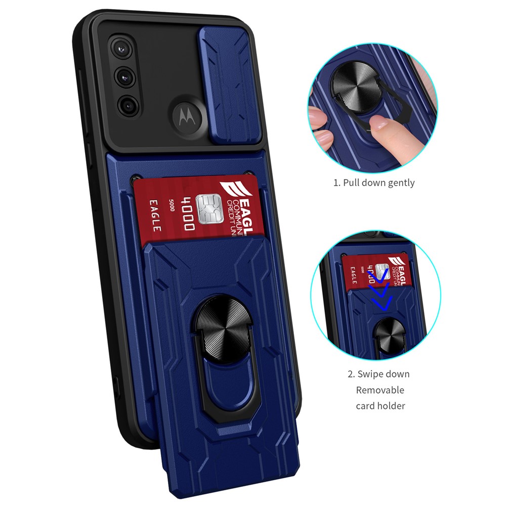 Shockproof Drop-proof Kickstand Design Camera Cover Slide Hard PC + Soft TPU Case with Card Holder Slot for Motorola G Pure - Sapphire-7