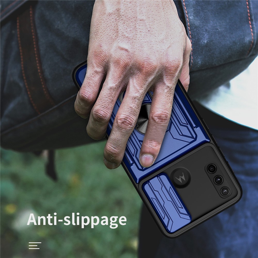Shockproof Drop-proof Kickstand Design Camera Cover Slide Hard PC + Soft TPU Case with Card Holder Slot for Motorola G Pure - Sapphire-9