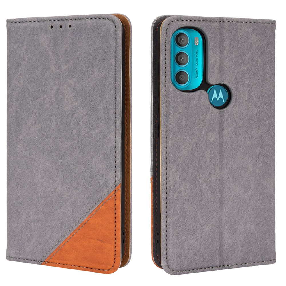 Triangle Color Splicing Wallet Foldable Stand PU Leather Cover TPU Inner Phone Case for Motorola Moto G71 5G - Grey-1